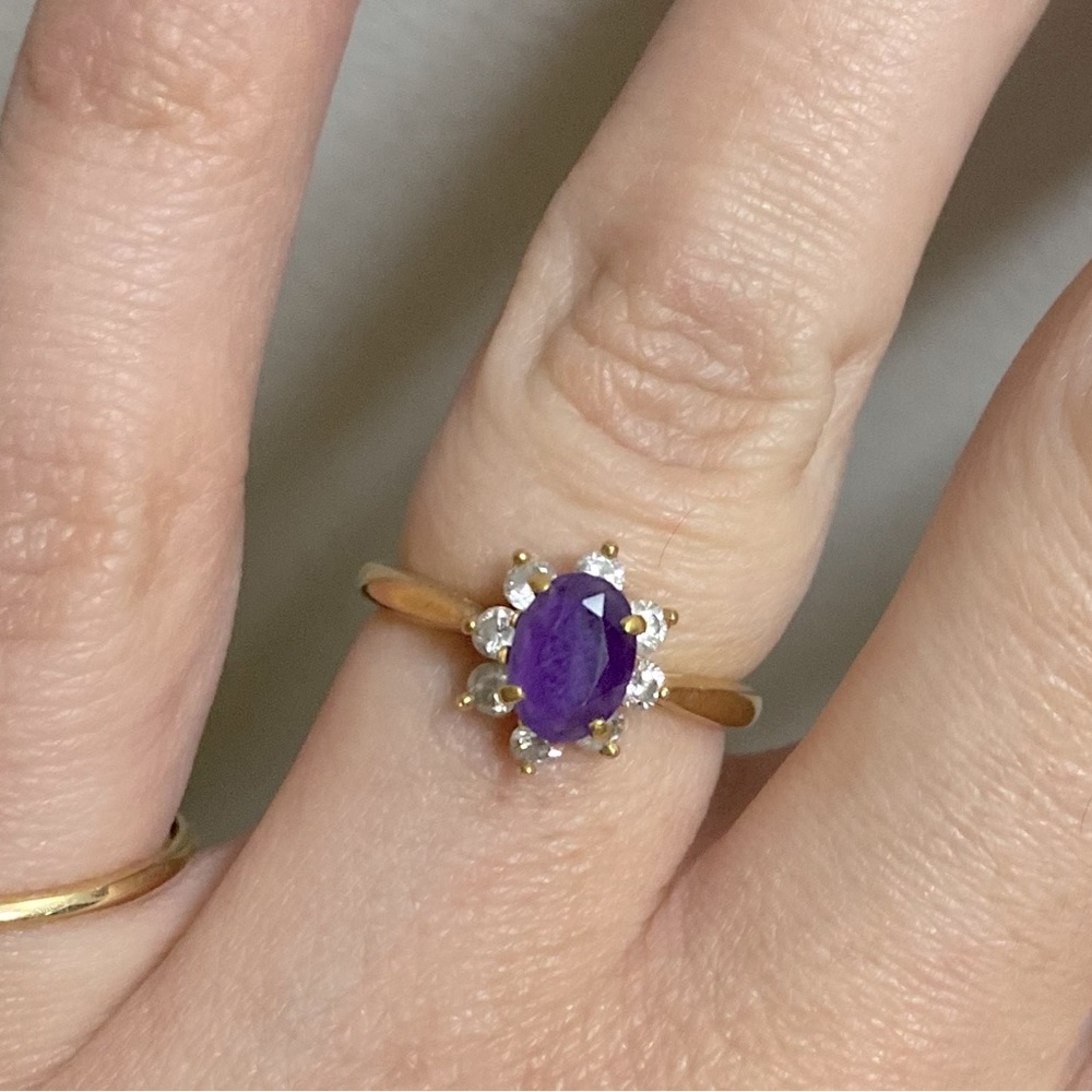 Dainty Amethyst, Diamond and Solid Gold Ring, Size 5.5